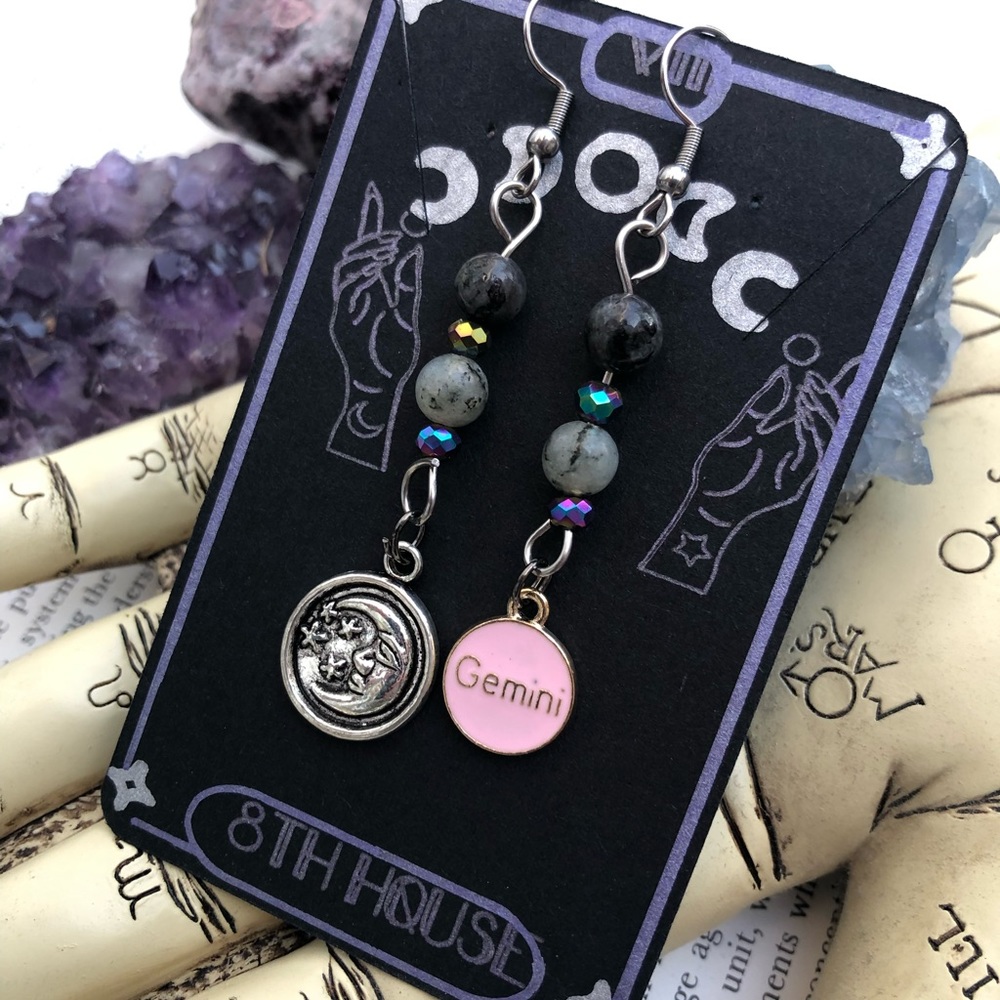 Gemini Zodiac Sign Dangle Earrings - with Flash Labradorite Gemstone beads